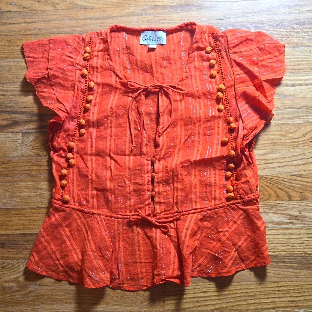 Cleobella boho metallic thread ruffle sleeve pom pom top